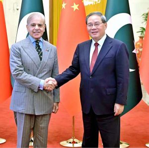 Prime Minister Muhammad Shehbaz Sharif meeting with the Prime Minister of the Peoples Republic of China Mr Li Qiang receiving at the Great Hall of the People