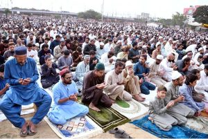 A large number of faithful offering Eidul Azha prayers at Nazimabad Eidgah Ground