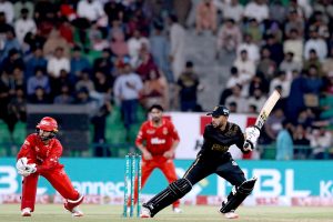 Hyderabad Kingsmen Usman Khan plays a shot during the Pakistan Super League (PSL) 2st Eliminator match plays between Hyderabad Kingsmen and Islamabad United at Gaddafi Stadium