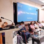 MNA Sharmila Farooqui addresses a seminar on World Press Freedom Day organised by HRCP and KUJ at Karachi Press Club