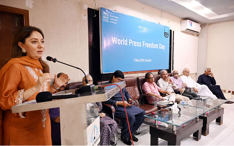 MNA Sharmila Farooqui addresses a seminar on World Press Freedom Day organised by HRCP and KUJ at Karachi Press Club