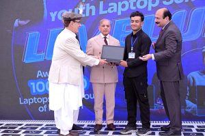 Prime Minister Muhammad Shehbaz Sharif distributes laptops among the beneficiaries from GB under PM's Youth Laptop Scheme.