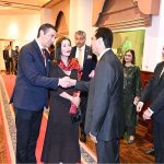 Chairman Senate Syed Yousaf Raza Gilani, welcoming Prince Edouard de Ligne La Tremoille and Princess Isabella Orsini de Ligne La Tremoille of Belgium at a reception hosted in their honour
