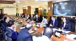 Federal Minister for Finance and Revenue, Senator Muhammad Aurangzeb, holding a meeting with AIIB delegation led by President Ms. Zou Jiayi to discuss infrastructure financing and Pakistan’s economic reform agenda at the Finance Division.