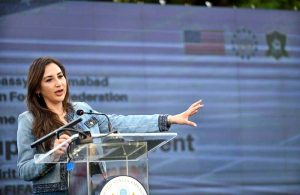 U.S. Chargé d'Affaires, Natalie A. Baker, addresses the FIFA World Cup 2026 TM Launch Event at the Embassy of the United States of America.