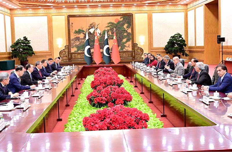 Prime Minister Muhammad Shehbaz Sharif meeting with the Prime Minister of the Peoples Republic of China Mr Li Qiang receiving at the Great Hall of the People