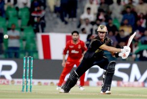 Hyderabad Kingsmen Usman Khan plays a shot during the Pakistan Super League (PSL) 2st Eliminator match plays between Hyderabad Kingsmen and Islamabad United at Gaddafi Stadium