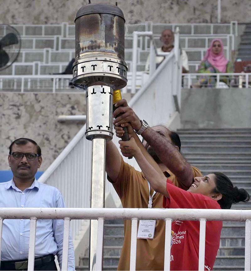 Participants sport person and officials light the ceremonial torch to formally kick off the Special Olympics Pakistan National Games 2026 (Athletics) during the opening ceremony held at the Pakistan Sports Complex in federal capital
