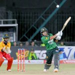 Pakistan Women's player Ayesha Zafar plays shot during the 3rd and final day of Women's Cricket W-T20I Series match against Zimbabwe in National Stadium