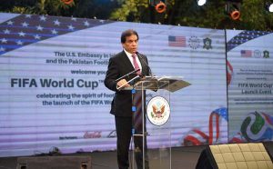 Federal Minister for Railways, Muhammad Hanif Abbasi, addresses the FIFA World Cup 2026 TM Launch Event at the Embassy of the United States of America.