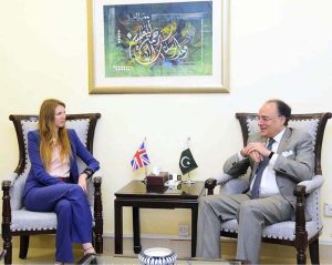 Federal Minister for Finance and Revenue, Senator Muhammad Aurangzeb, holding a meeting with Ms. Jane Marriott CMG OBE, British High Commissioner to Pakistan, at the Finance Division to discuss bilateral economic cooperation and Pakistan's reform agenda