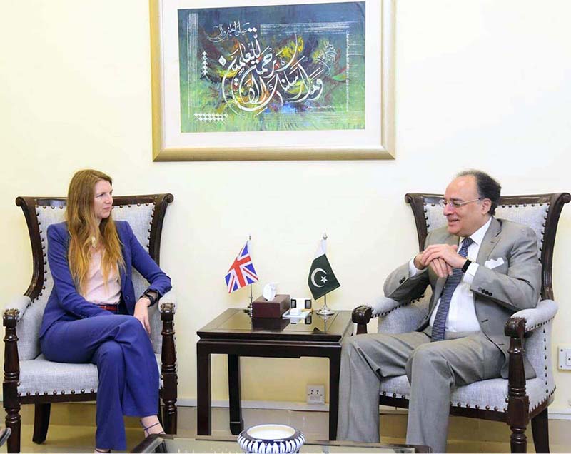 Federal Minister for Finance and Revenue, Senator Muhammad Aurangzeb, holding a meeting with Ms. Jane Marriott CMG OBE, British High Commissioner to Pakistan, at the Finance Division to discuss bilateral economic cooperation and Pakistan's reform agenda