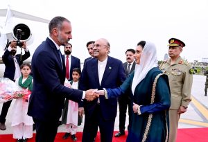 First Lady, Bibi Aseefa Bhutto Zardari shaking hands with Prince Shah Rahim Al-Hussaini Aga Khan V, upon his arrival at Noor Khan Airbase.