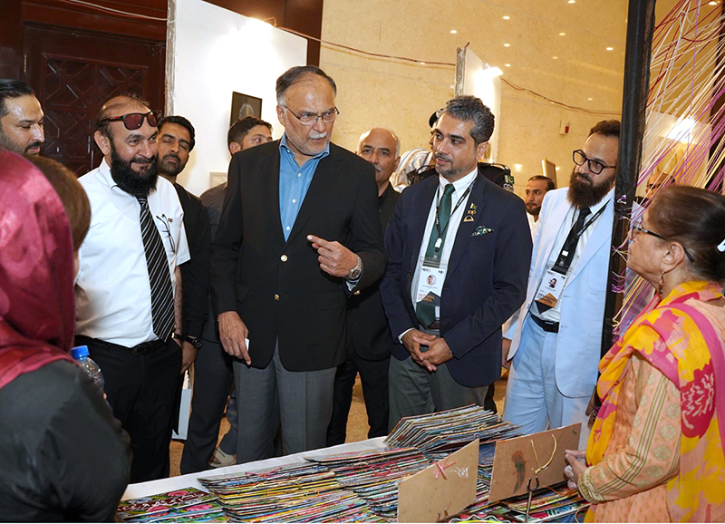 Federal Minister Ahsan Iqbal visits stalls at the IAP Exhibition 2026 in Islamabad, emphasizing the vital role of architectural innovation and design in boosting Pakistan’s exports