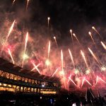 Fireworks light up the sky before the start of the Pakistan Super League (PSL 11) Twenty20 final between Hyderabad Kingsmen and Peshawar Zalmi at Gaddafi Stadium