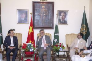 Pakistan's Ambassador to China Khalil Hashmi speaking at an insightful conversation on Enhancing Bilateral Trade with People's Republic of China Pakistan's All Weather Strategic Partner at State Guest House. Chinese Consul General Yang Yundong , DG Foreign Affairs Liaison Office Muhammad Irfan Soomro also present on the occasion