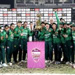 First Lady Bibi Aseefa Bhutto Zardari during giving away winner trophy to the Pakistan Women's captain Fatima sana along with Team after winning the Series by 3-O during Women's Cricket W-T20I Series between Pakistan and Zimbabwe in National Stadium