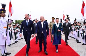 President Asif Ali Zardari and First Lady Bibi Aseefa Bhutto Zardari receiving Prince Shah Rahim Al-Hussaini Aga Khan V, upon his arrival at Noor Khan Airbase.