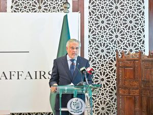 Deputy Prime Minister and Foreign Minister Senator Mohammad Ishaq Dar, briefs the Diplomatic Corps on the first anniversary of Marka-e-Haq , at MoFA