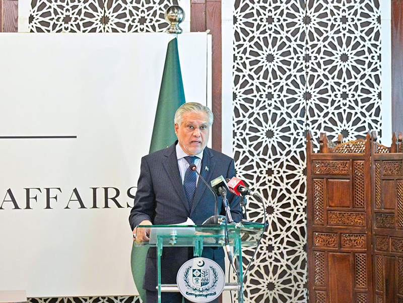 Deputy Prime Minister and Foreign Minister Senator Mohammad Ishaq Dar, briefs the Diplomatic Corps on the first anniversary of Marka-e-Haq , at MoFA