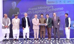 Prime Minister Muhammad Shehbaz Sharif distributes laptops among the beneficiaries from GB under PM's Youth Laptop Scheme.