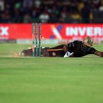 Hyderabad Kingsmen Kusal Perera run out (Bracewell) during the Pakistan Super League (PSL) final match between Hyderabad Kingsmen and Peshawar Zalmi at Gaddafi Stadium