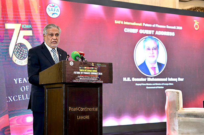 Deputy Prime Minister and Foreign Minister, Ishaq Dar addressing during the SAFA International Future of Finance Summit 2026