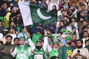 Spectators enjoying the Pakistan Super League (PSL) 2st Eliminator match between Hyderabad Kingsmen and Islamabad United at Gaddafi Stadium