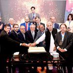 Deputy Prime Minister and Foreign Minister, Ishaq Dar with participants cut the cake on the 75th SAFA anniversary celebration during the SAFA International Future of Finance Summit 2026
