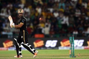 Hyderabad Kingsmen Kusal Perera run out (Bracewell) during the Pakistan Super League (PSL) final match between Hyderabad Kingsmen and Peshawar Zalmi at Gaddafi Stadium