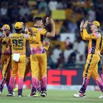 Peshawar Zalmi players celebrated after taking the wicket of Hyderabad Kingsmen (Marnus Labuschagne c †Mohammad Haris b Hardie) during the Pakistan Super League (PSL) final match between Hyderabad Kingsmen and Peshawar Zalmi at Gaddafi Stadium