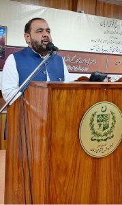 Federal Minister for National Heritage and Culture Aurangzeb Khan Khichi addressing the international book launching ceremony organized by the National Language Promotion Department in collaboration with the Embassy of Uzbekistan.