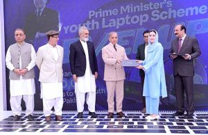 Prime Minister Muhammad Shehbaz Sharif distributes laptops among the beneficiaries from GB under PM's Youth Laptop Scheme.