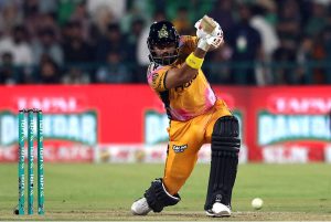 Peshawar Zalmi batter Abdul Samad plays a shot during the Pakistan Super League (PSL 11) final match between Hyderabad Kingsmen and Peshawar Zalmi at Gaddafi Stadium