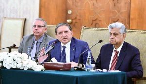 Senator Saleem Mandviwalla and Spokesperson to the President, Murtaza Solangi addressing a press conference at Aiwan-e-Sadr.