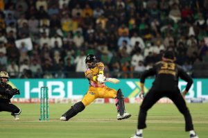 Peshawar Zalmi batter Abdul Samad plays a shot during the Pakistan Super League (PSL 11) final match between Hyderabad Kingsmen and Peshawar Zalmi at Gaddafi Stadium