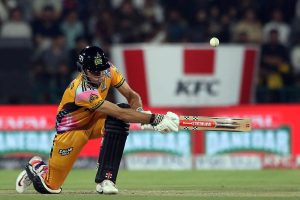 Peshawar Zalmi batter Abdul Samad plays a shot during the Pakistan Super League (PSL 11) final match between Hyderabad Kingsmen and Peshawar Zalmi at Gaddafi Stadium