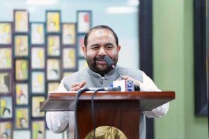 Federal Minister for National Heritage and Culture Aurangzeb Khan Khichi addressing a seminar titled "The Role of Literature in Achieving National Objectives", organized by the Pakistan Academy of Letters to mark one year of the success of Marka-e-Haq.