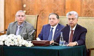 Senator Saleem Mandviwalla and Spokesperson to the President, Murtaza Solangi addressing a press conference at Aiwan-e-Sadr.