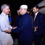 President Asif Ali Zardari received by Deputy Speaker National Assembly Syed Ghulam Mustafa Shah, MNA upon arrival at Nawabshah Airport