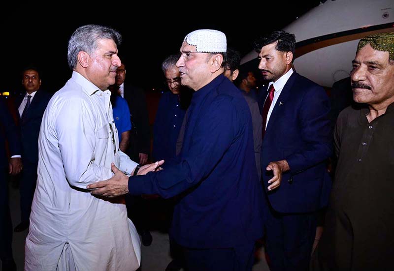 President Asif Ali Zardari received by Deputy Speaker National Assembly Syed Ghulam Mustafa Shah, MNA upon arrival at Nawabshah Airport