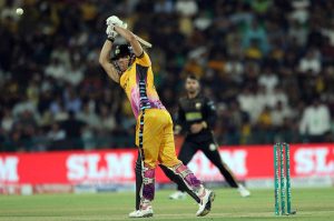 Peshawar Zalmi batter Abdul Samad plays a shot during the Pakistan Super League (PSL 11) final match between Hyderabad Kingsmen and Peshawar Zalmi at Gaddafi Stadium