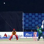 Pakistan Women's Player, Fatima Sana plays a shot during the Women's Cricket 1st T-20 match between Pakistan and Zimbabwe in National Stadium