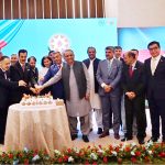 Chairman Senate Syed Yousaf Raza Gilani cutting cake along with dignitaries on occasion of Independence Day of Azerbaijan during a ceremony