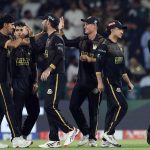 Hyderabad Kingsmen players celebrated the wicket of Peshawar Zalmi player (Michael Bracewell c †Usman Khan b Akif Javed ) during the Pakistan Super League (PSL) final match between Hyderabad Kingsmen and Peshawar Zalmi at Gaddafi Stadium