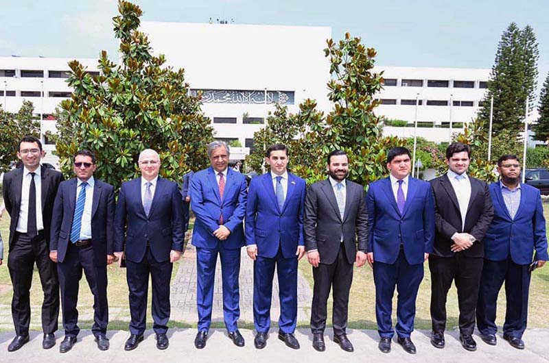 Group photograph of Azerbaijan’s Minister of Justice, Mr. Farid Ahmadov with Federal Minister for Law and Justice Azam Nazeer Tarar and Minister of State for Law and Justice Barrister Aqeel Malik at Parliament House