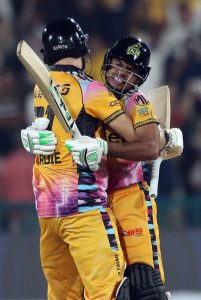 Hyderabad Kingsmen players celebrated the wicket of Peshawar Zalmi player (Michael Bracewell c †Usman Khan b Akif Javed ) during the Pakistan Super League (PSL) final match between Hyderabad Kingsmen and Peshawar Zalmi at Gaddafi Stadium