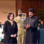 Punjab Governor Sardar Saleem Haider awards the Hilal-e-Imtiaz to Humera Arshad at Governor House