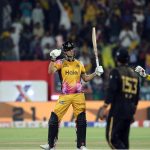 Peshawar Zalmi player Aaron Hardie celebrated after completed fifty runs during the Pakistan Super League (PSL 11) final match between Hyderabad Kingsmen and Peshawar Zalmi at Gaddafi Stadium