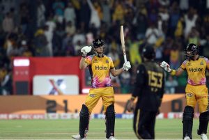 Peshawar Zalmi player Aaron Hardie celebrated after completed fifty runs during the Pakistan Super League (PSL 11) final match between Hyderabad Kingsmen and Peshawar Zalmi at Gaddafi Stadium